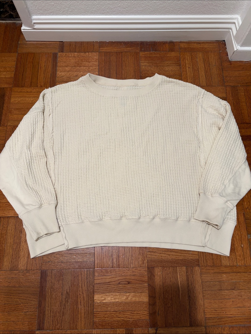 American Eagle Outfitters Cream Waffle Crewneck Sweater